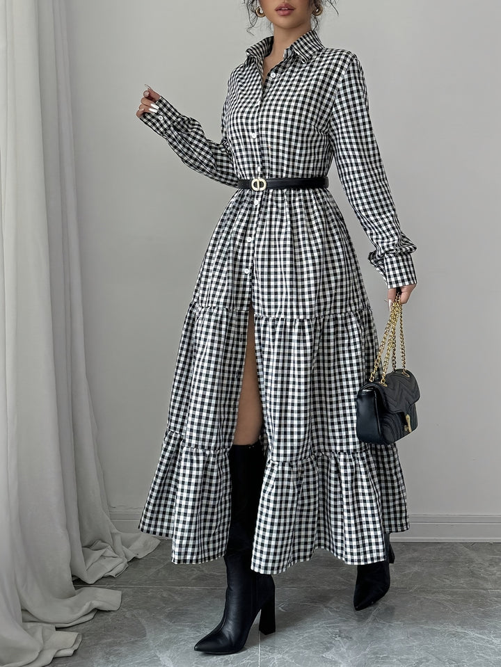 Kristina | Elegante Geruite Maxi Blousejurk met Knoopsluiting