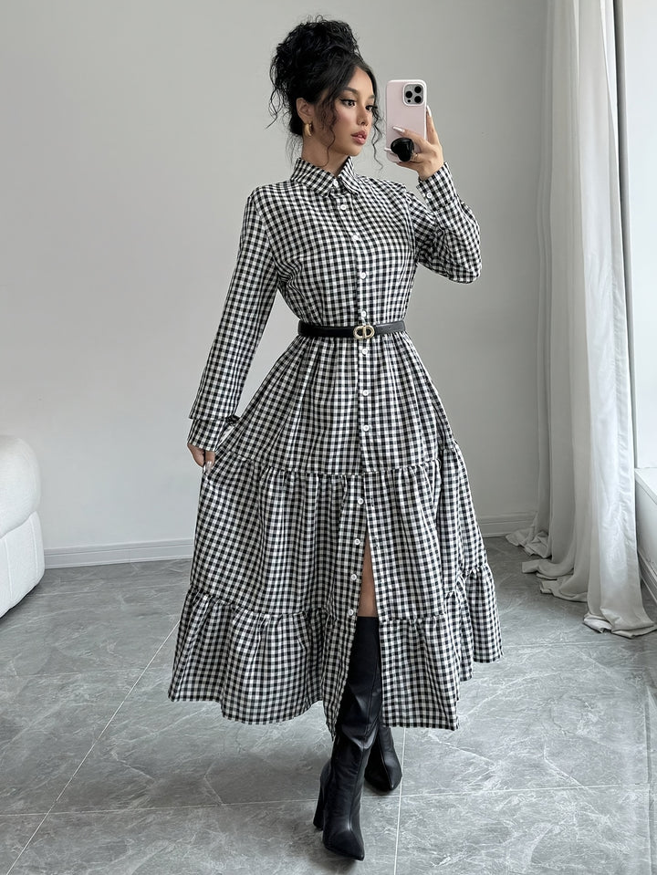 Kristina | Elegante Geruite Maxi Blousejurk met Knoopsluiting