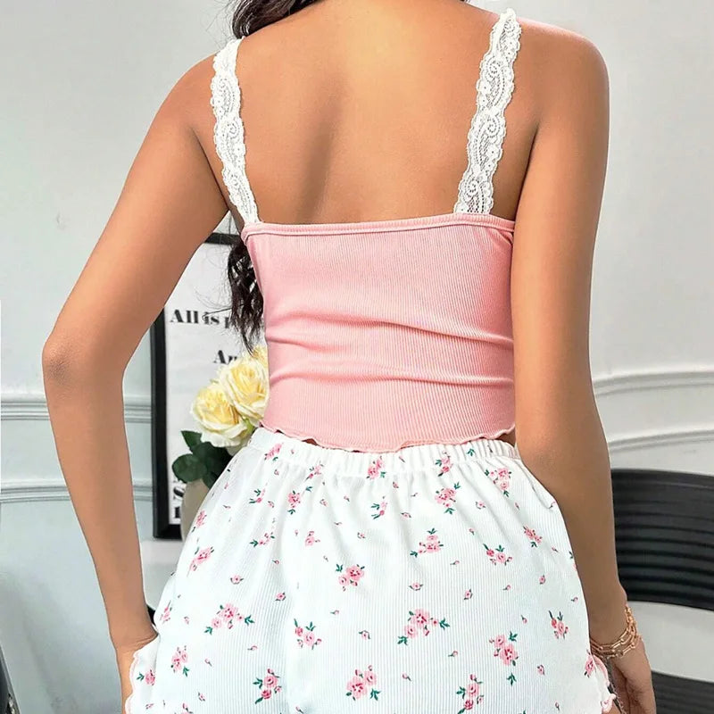 Kylie | Zachte Loungewear Set met Kant en Bloemenprint