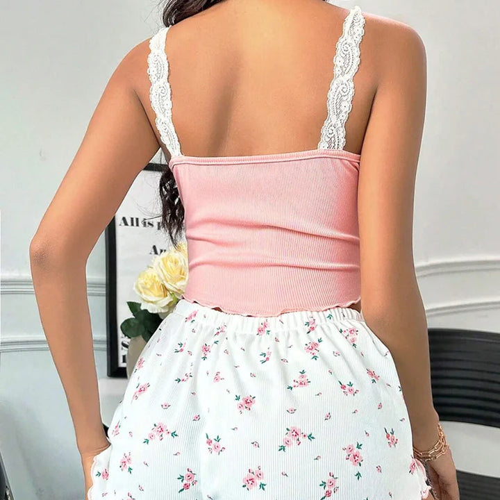 Kylie | Zachte Loungewear Set met Kant en Bloemenprint