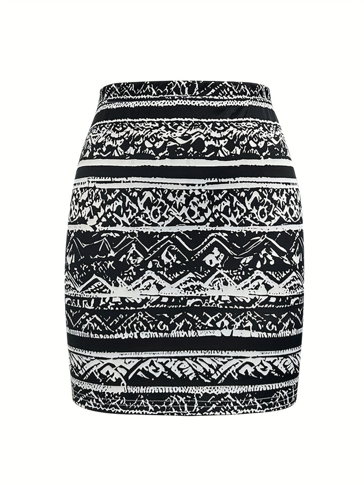 Layla | Zwarte Geometrische Rok met Hoge Taille en Knoopdetail