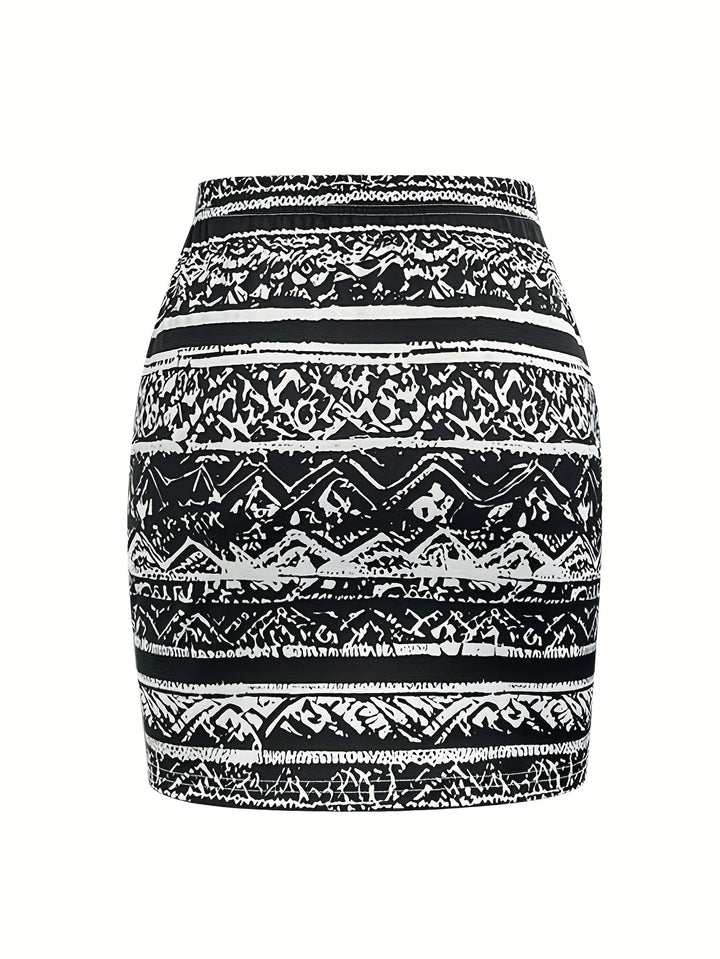 Layla | Zwarte Geometrische Rok met Hoge Taille en Knoopdetail