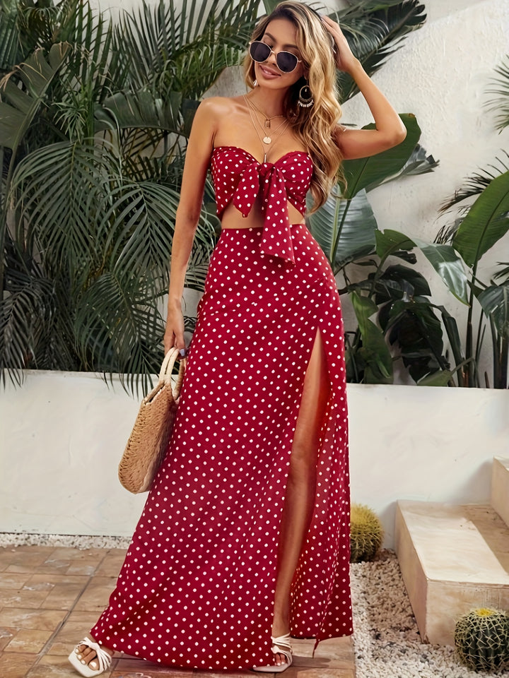 Leah | Charmante Polkadot Set met Maxi Rok en Crop Top