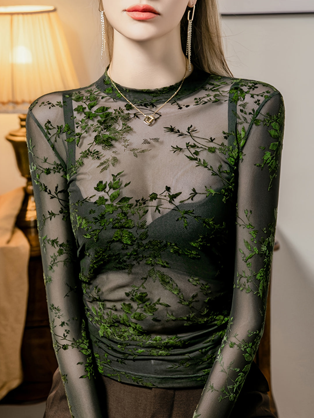 Liana | Transparante Mesh Top met Bloemenprint en Lange Mouwen