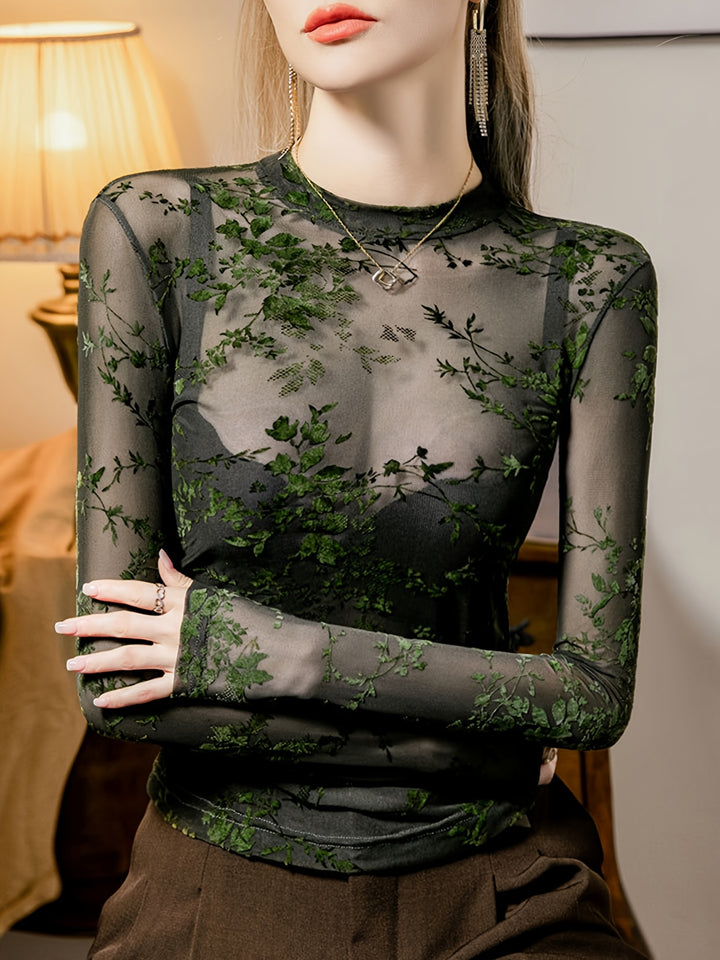 Liana | Transparante Mesh Top met Bloemenprint en Lange Mouwen