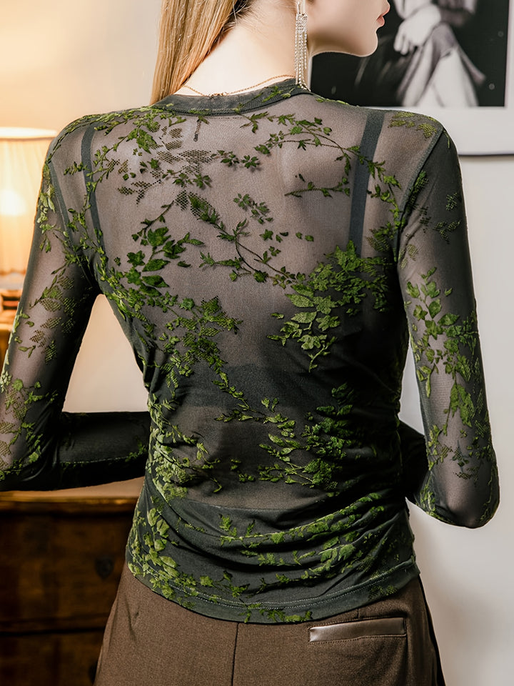 Liana | Transparante Mesh Top met Bloemenprint en Lange Mouwen
