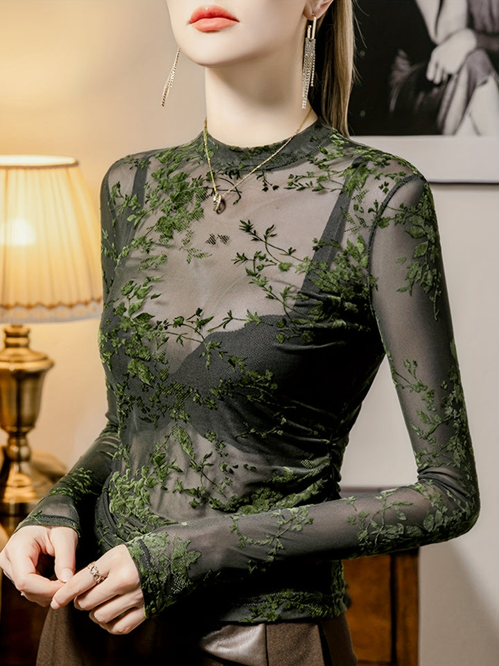 Liana | Transparante Mesh Top met Bloemenprint en Lange Mouwen
