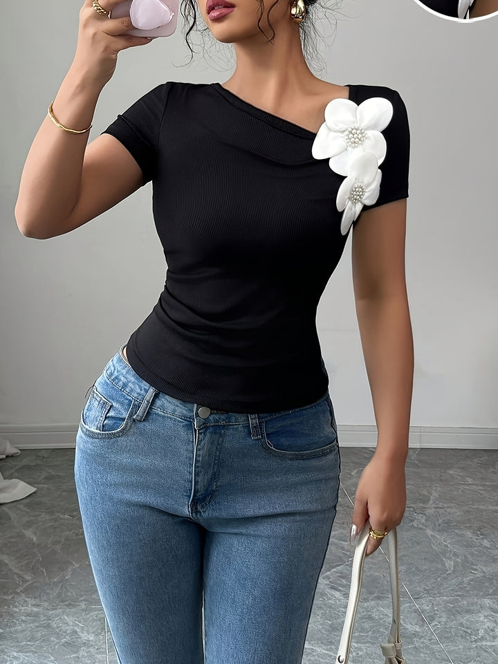 Lieke | Elegante Top met 3D Bloemen en Korte Mouwen