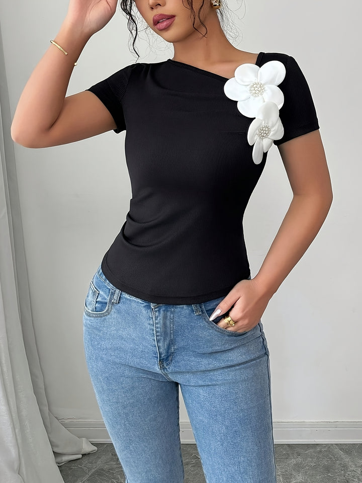 Lieke | Elegante Top met 3D Bloemen en Korte Mouwen