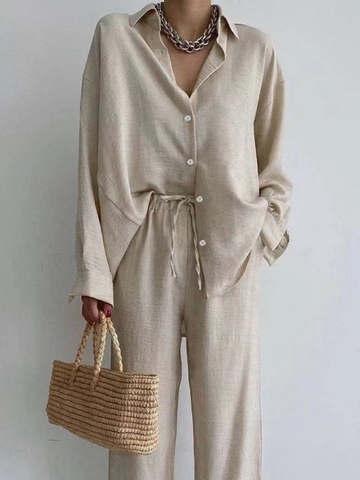 Dames Two-Piece Set – Losvallende Pasvorm – Blouse met Kraag – Wijde Broek – Natuurlijke Stoffen
