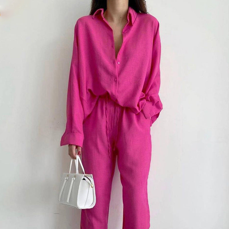 Dames Two-Piece Set – Losvallende Pasvorm – Blouse met Kraag – Wijde Broek – Natuurlijke Stoffen