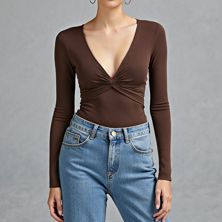 Lucy | Bruine V-hals Bodysuit met Lange Mouwen