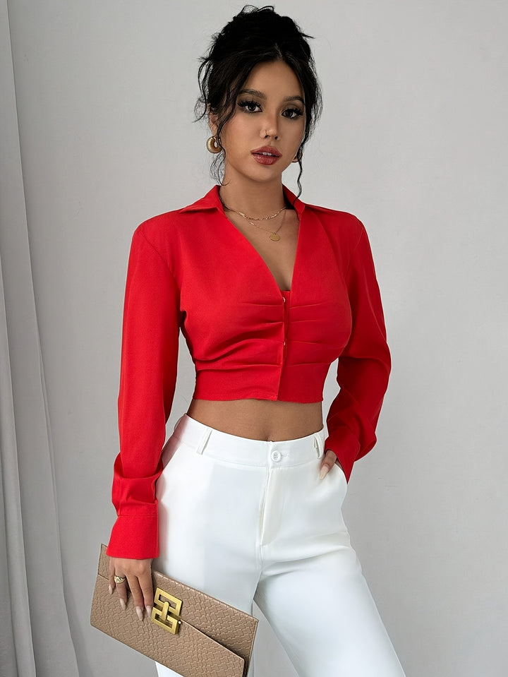 Lucy | Elegante Rode Crop Top Blouse met Diepe V-Hals