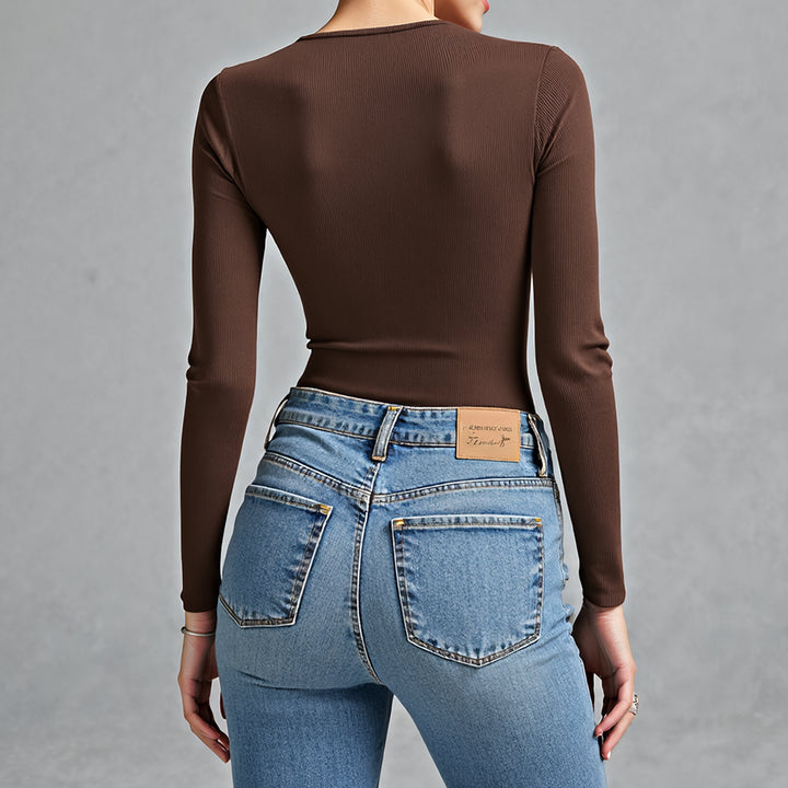 Lucy | Bruine V-hals Bodysuit met Lange Mouwen
