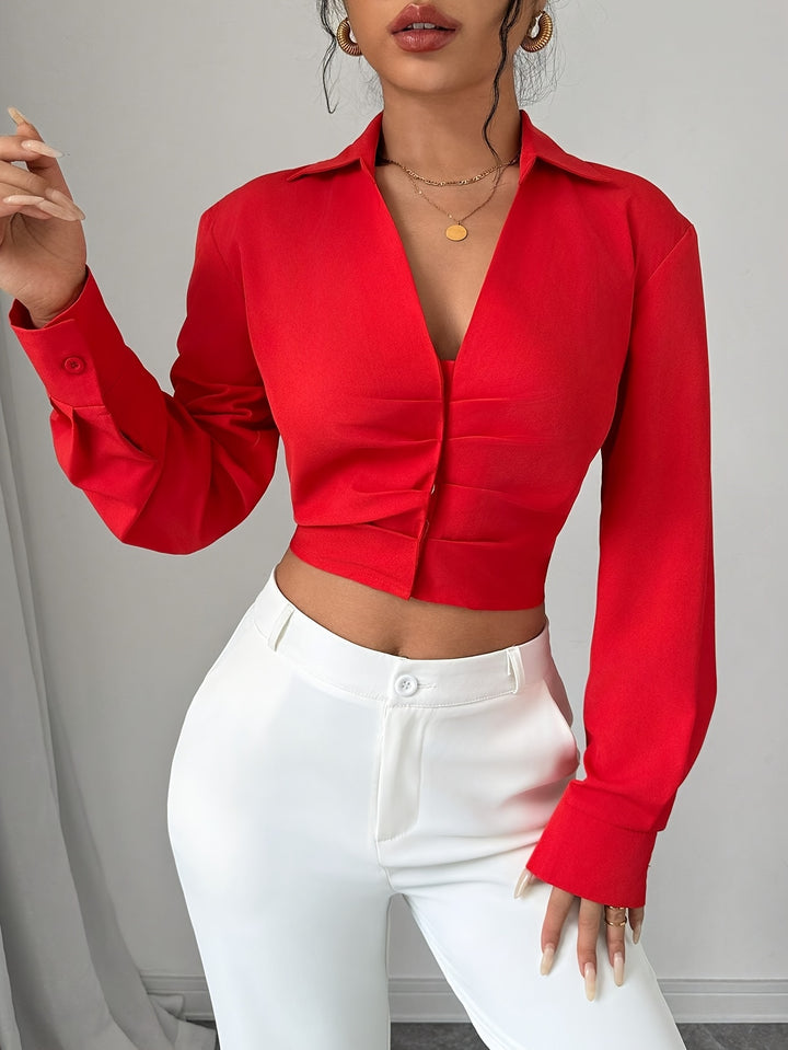 Lucy | Elegante Rode Crop Top Blouse met Diepe V-Hals