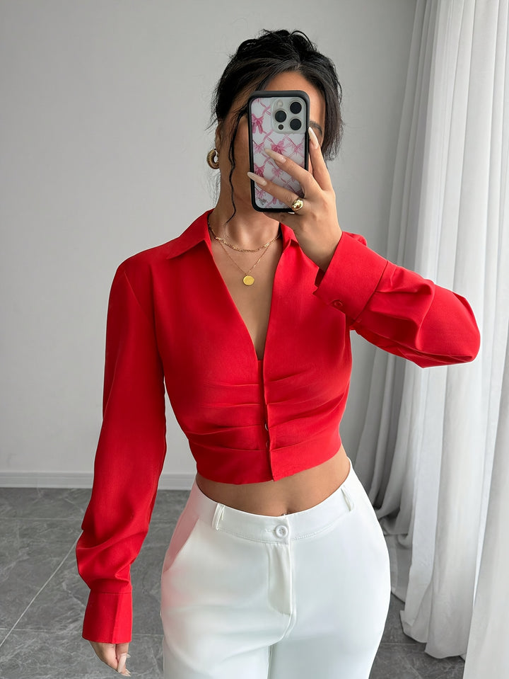 Lucy | Elegante Rode Crop Top Blouse met Diepe V-Hals