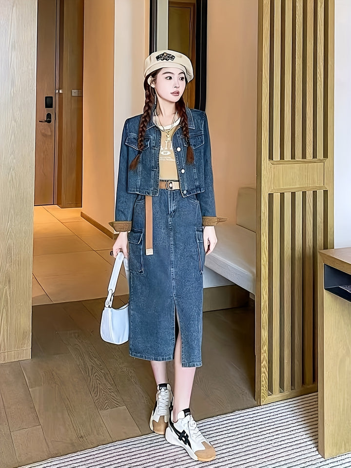 Margaret | Trendy Denim Tweedelige Set met Stijlvolle Details