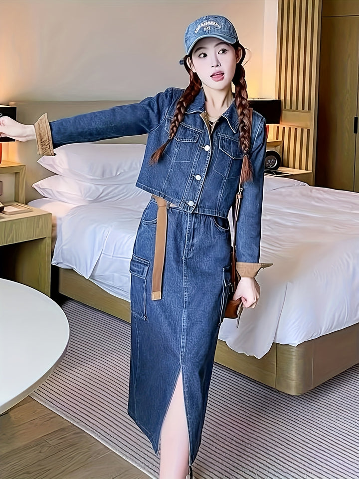 Margaret | Trendy Denim Tweedelige Set met Stijlvolle Details