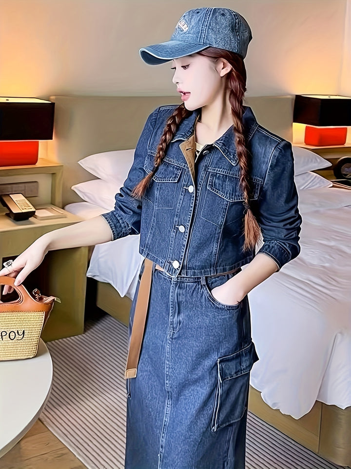 Margaret | Trendy Denim Tweedelige Set met Stijlvolle Details