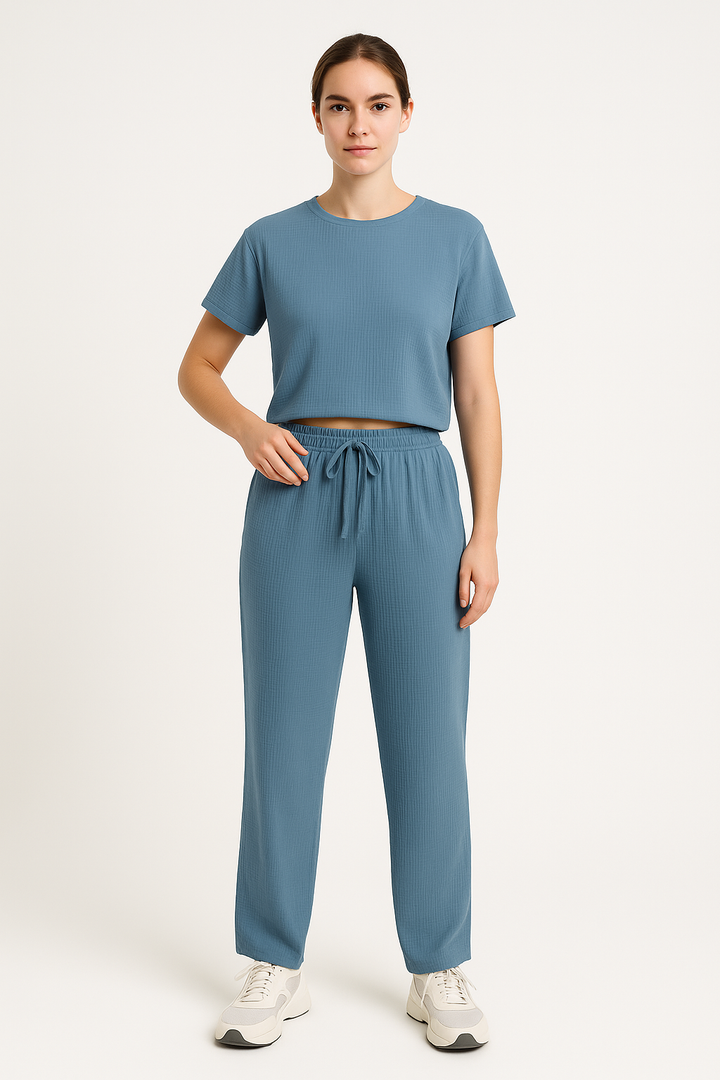 Dames Loungewear Set – Korte Mouwen – Cropped Top – Wijde Pijpen – Ademend Comfort