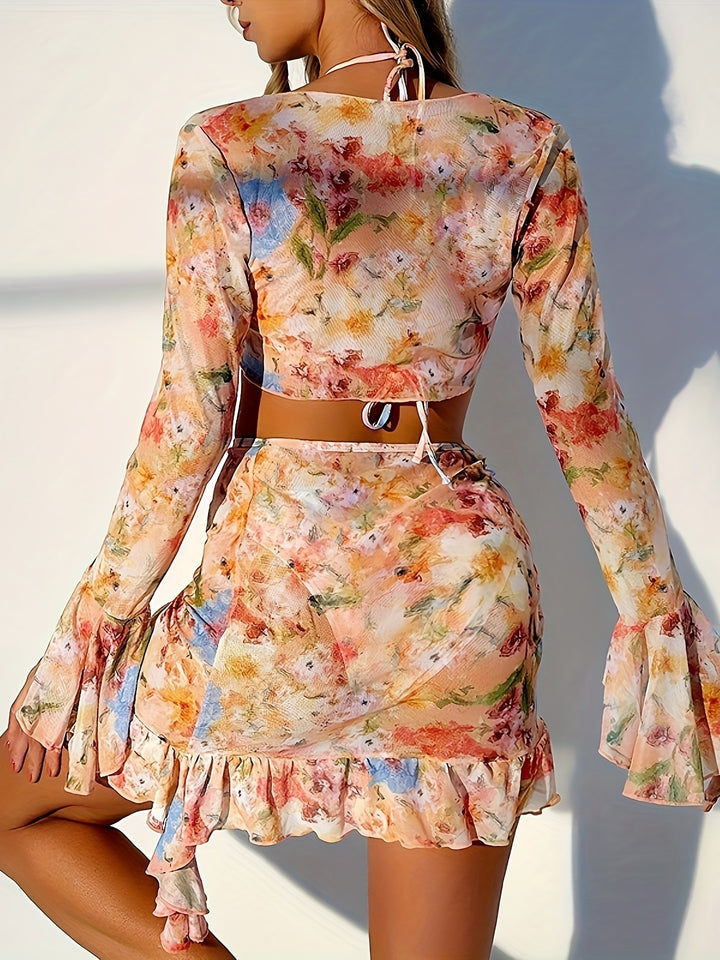 Maya | Bloemenprint Zomerset met Crop Top & Ruffle Rok – Strandlook voor Dames