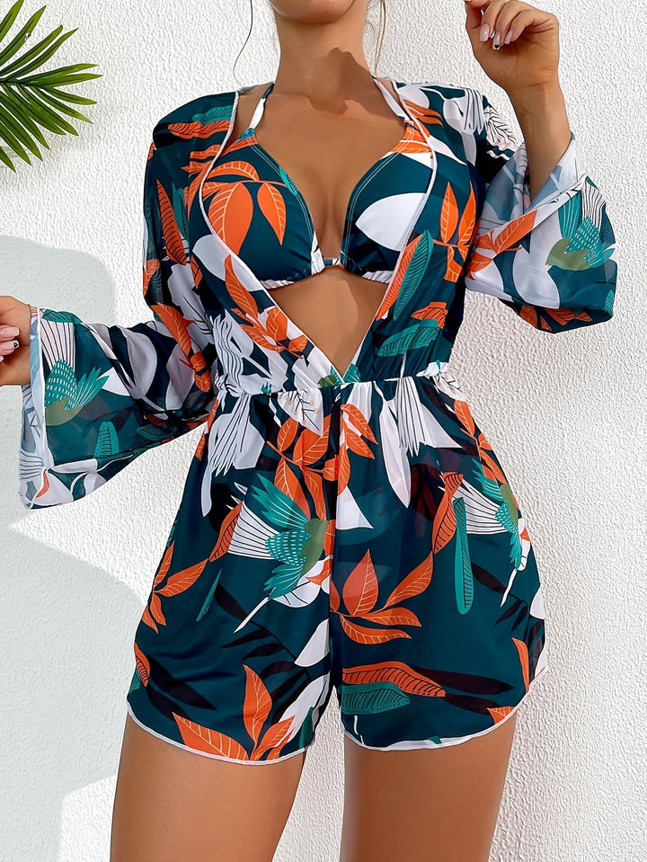 Meryl | Vrouwelijke Zomerse Badpak Met Bloemenprint en Mouwen