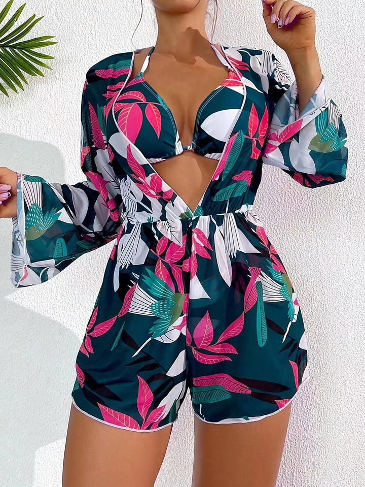 Meryl | Vrouwelijke Zomerse Badpak Met Bloemenprint en Mouwen