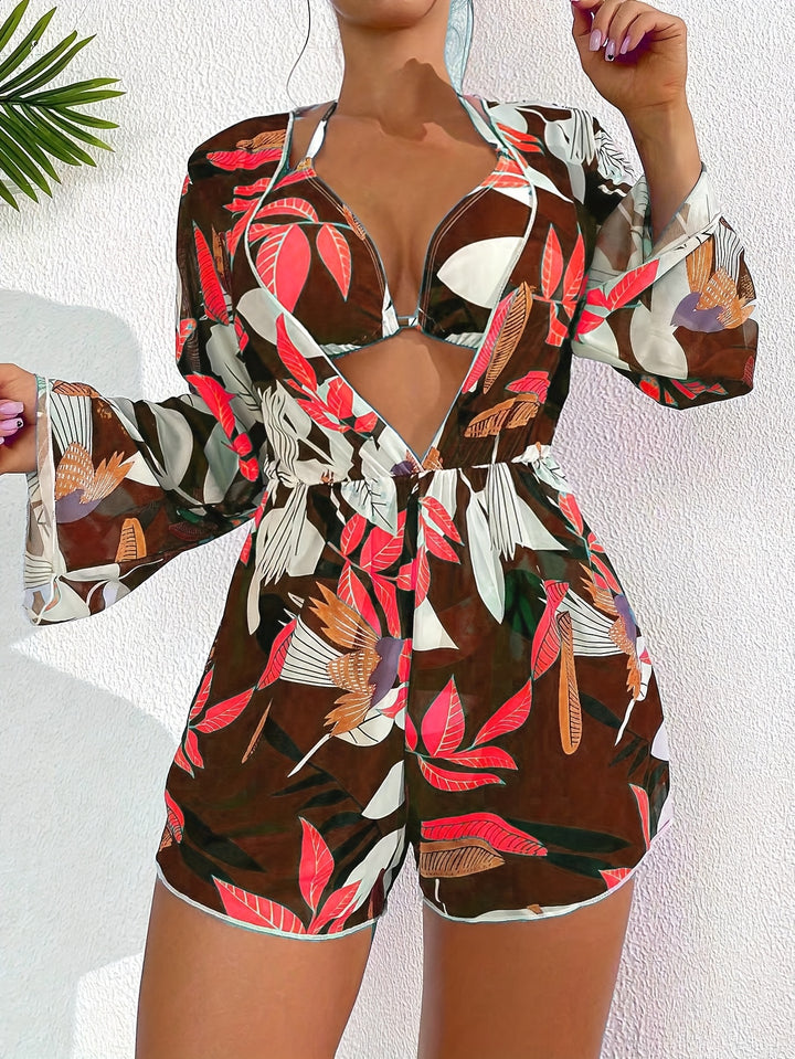 Meryl | Vrouwelijke Zomerse Badpak Met Bloemenprint en Mouwen