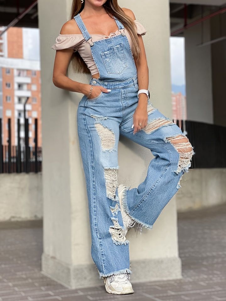 Mia | Gescheurde Denim Overall met Gerafelde Details