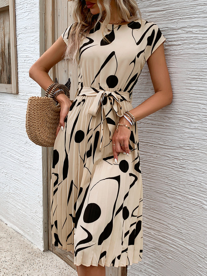 Monica | Elegante Geplooide Midi Jurk met Strikceintuur