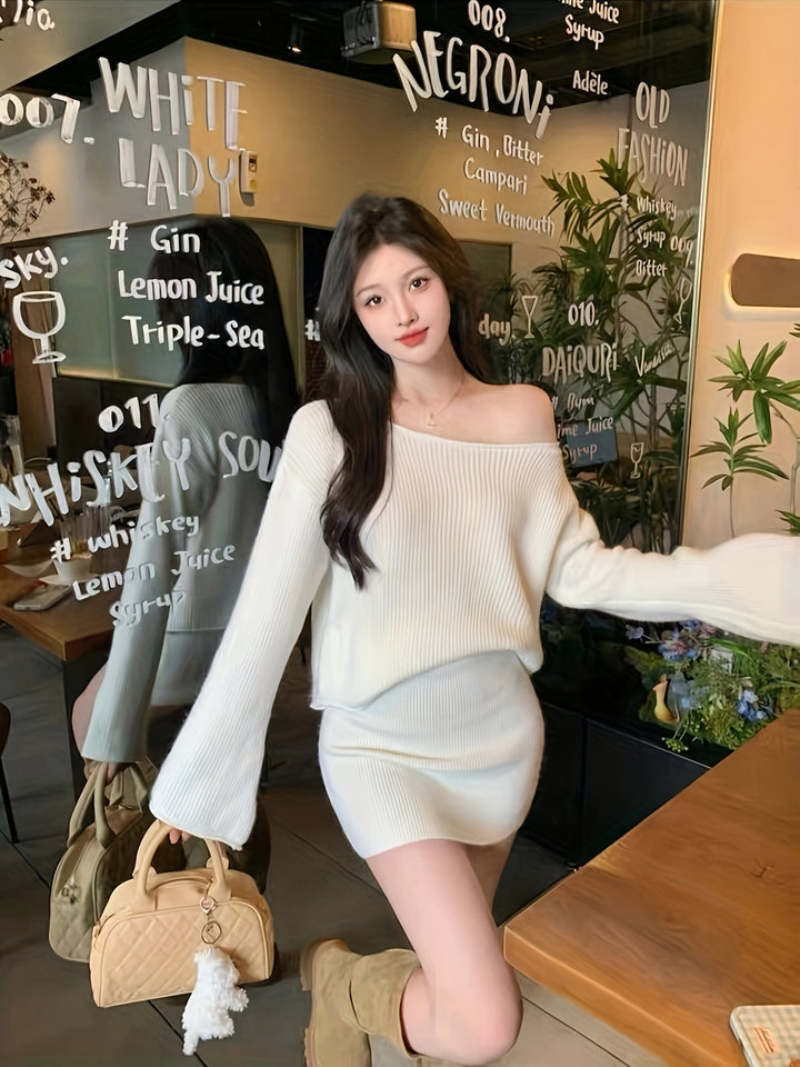 Myrah | Elegante Off-Shoulder Gebreide Top & Bodycon Mini Rok Set