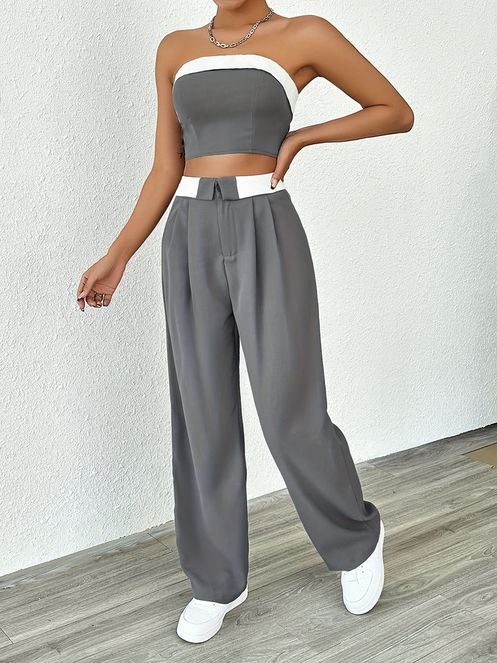 Nancy | Trendy Tweedelig Damespak met Bandeau Top en Wijde Pijpen