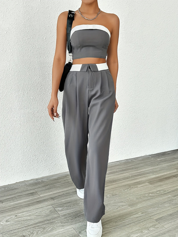 Nancy | Trendy Tweedelig Damespak met Bandeau Top en Wijde Pijpen