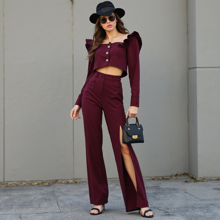 Nathalie | Chic Tweedelig Broekpak met Ruches