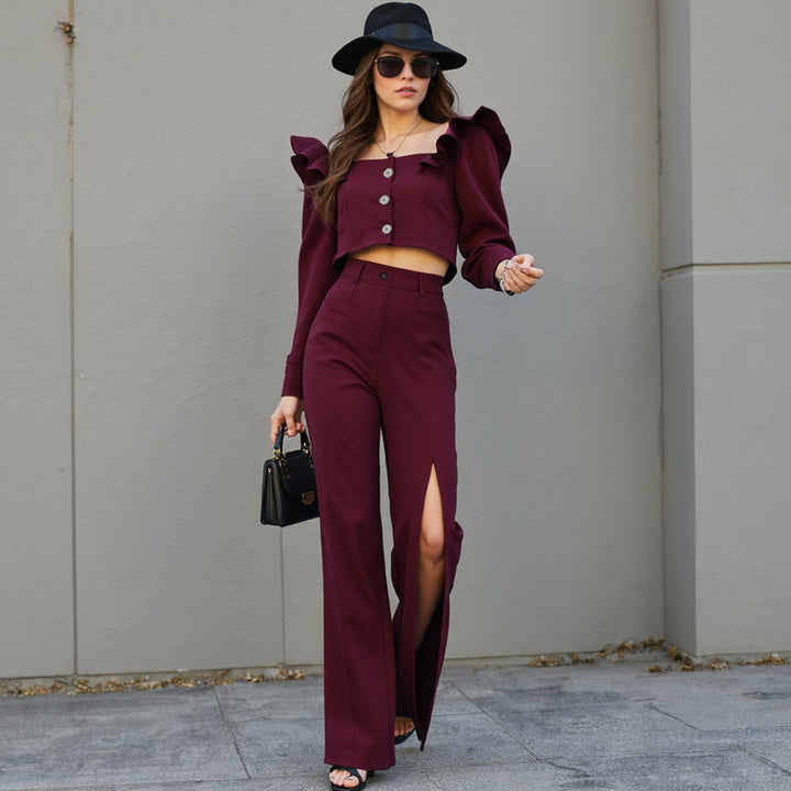 Nathalie | Chic Tweedelig Broekpak met Ruches