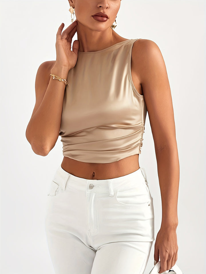 Nina | Elegante Mouwloze Top met Open Rug en Strik in Beige