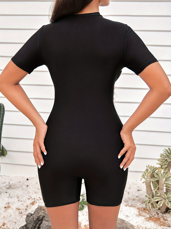 Nora | Eendelig Badpak met Mesh Contrast en Korte Mouwen