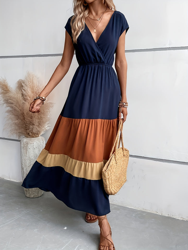 Norah | Elegante Maxi Jurk met Kleurenblokken en V-Hals