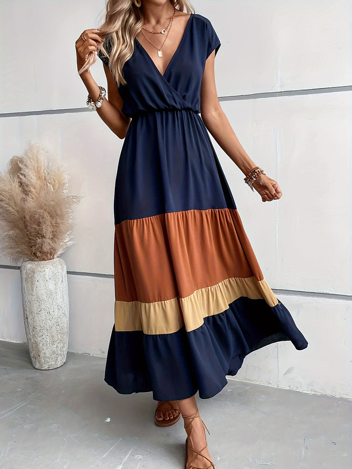 Norah | Elegante Maxi Jurk met Kleurenblokken en V-Hals