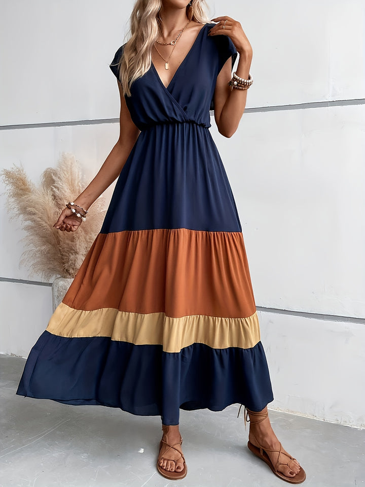 Norah | Elegante Maxi Jurk met Kleurenblokken en V-Hals