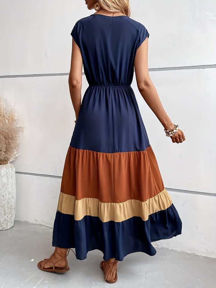 Norah | Elegante Maxi Jurk met Kleurenblokken en V-Hals