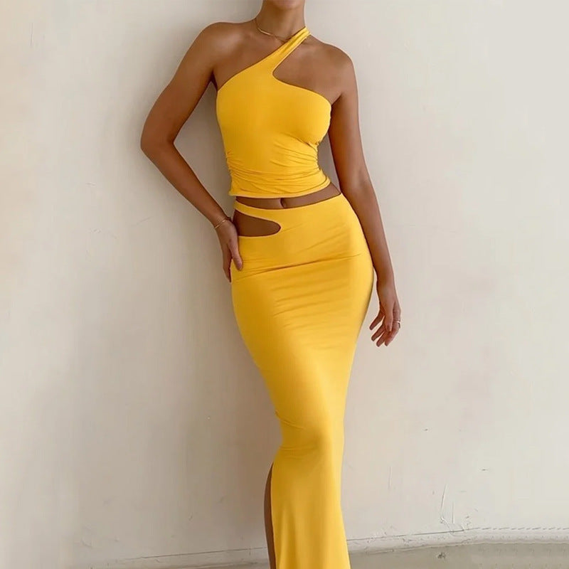Dames Two-Piece Set – Slim Fit – One Shoulder – Midi Rok met Cut-Out – Stretchy Fabric