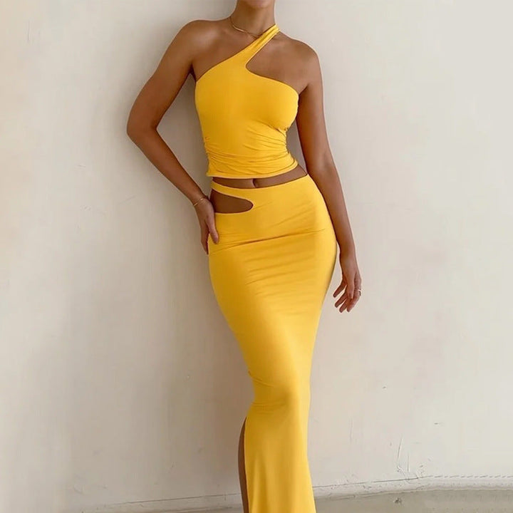 Dames Two-Piece Set – Slim Fit – One Shoulder – Midi Rok met Cut-Out – Stretchy Fabric