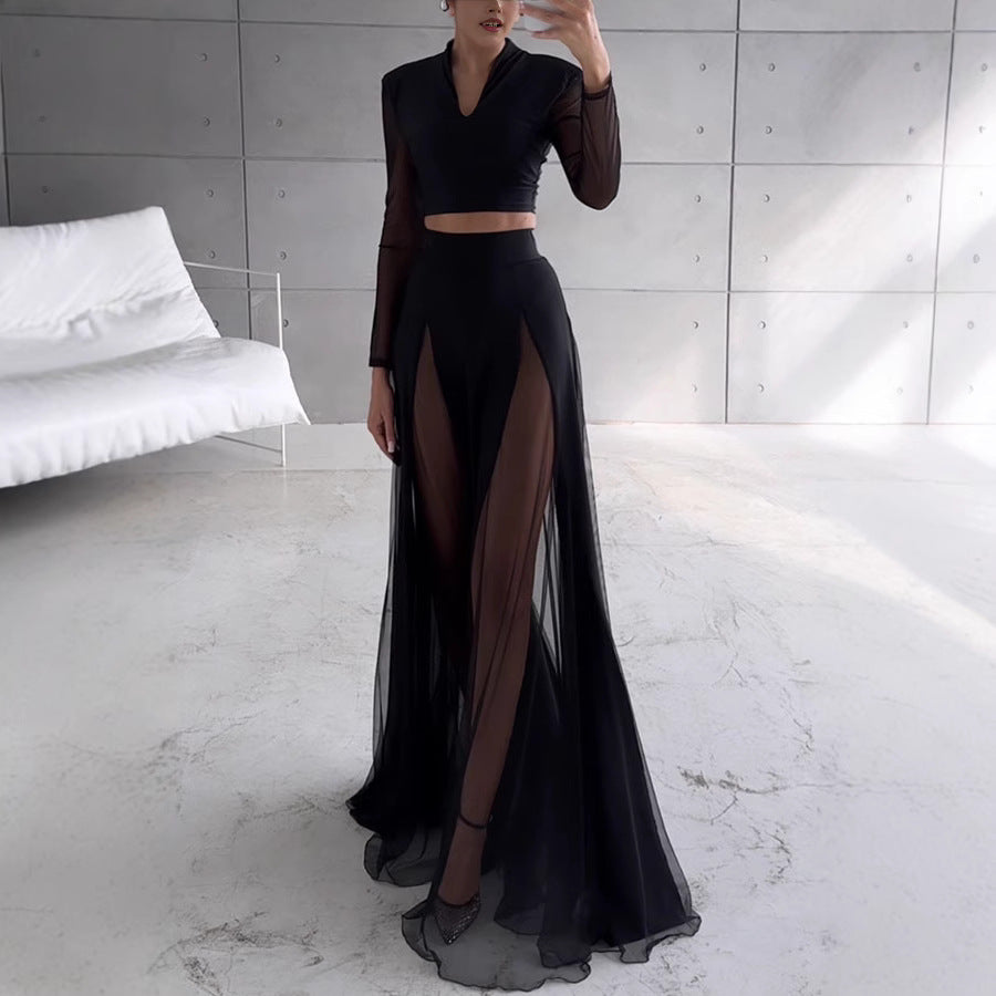 Dames Tweedelige Set – Slim Fit Crop Top – Mesh Lange Mouw – A-lijn Maxi Rok