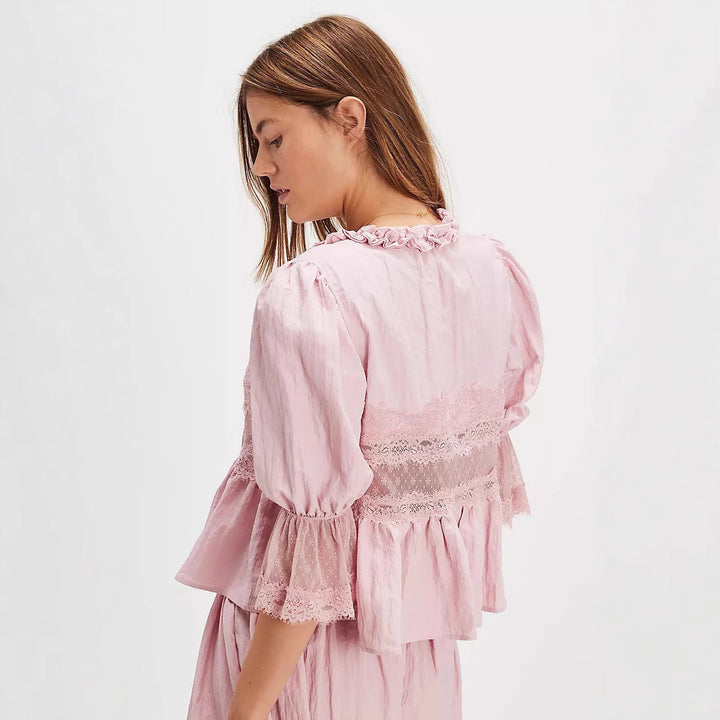Dames Pyjama Set – Relaxed Fit – V-Hals Met Strik – Kanten Afwerking – Ademend Materiaal