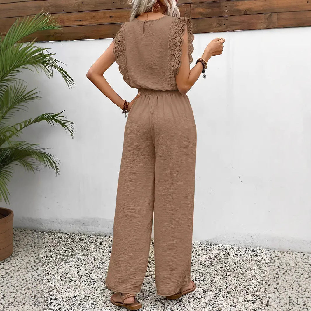 Dames Loungewear Set – Mouwloos Top met Kant – Wijde Broek – Zachte Stretchstof