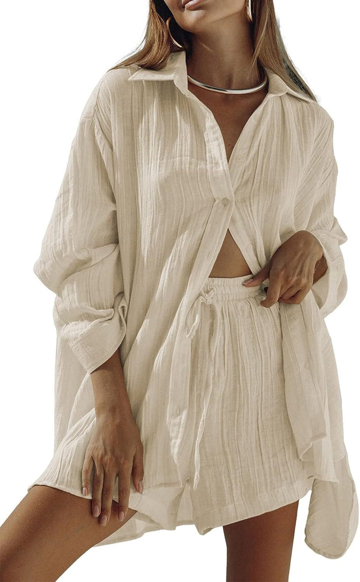 Dames Tweedelige Set – Oversized Blouse met Lange Mouwen – Relaxte Shorts – Ademend Materiaal
