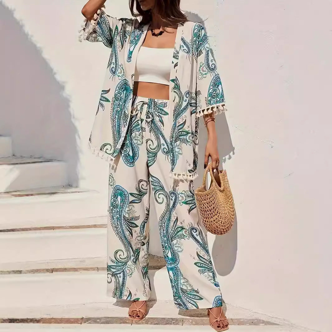 Dames Kimono Set – Relaxed Fit – Wijde Broek – Vest met Kwastjes – Ademend Design