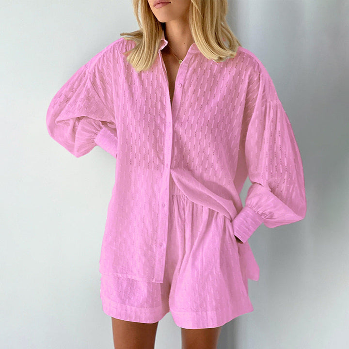 Dames Set Blouse en Shorts – Jacquard – Relaxed Fit – Puffmouwen – Elastische Taille