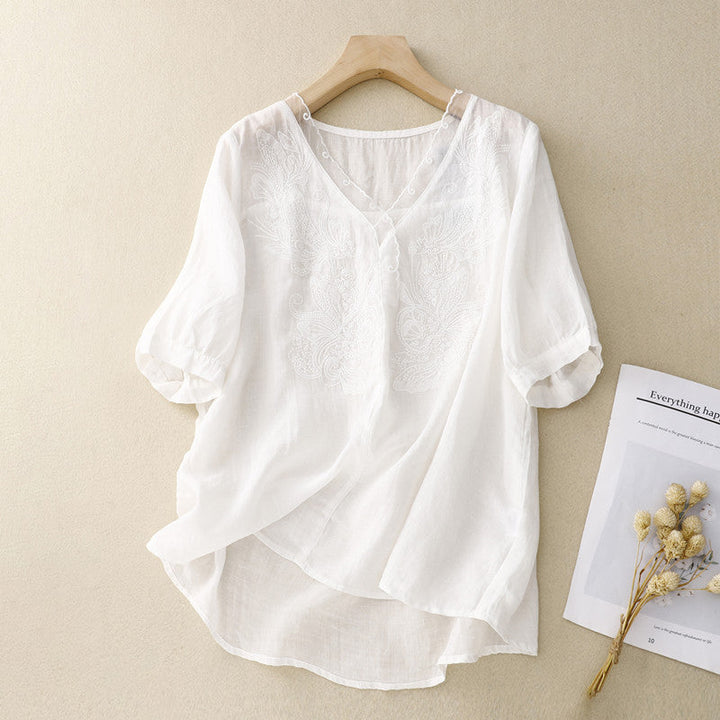 Dames Blouse – Losse Pasvorm – V-hals – Korte Mouwen – Geborduurd – Ademend Materiaal